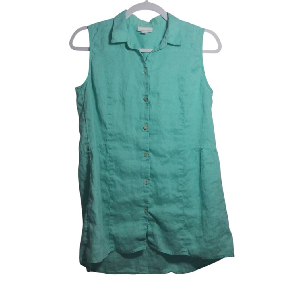 J. Jill Love Linen Turquoise Sleeveless Peplum Button-Down Tunic Top Sz XS